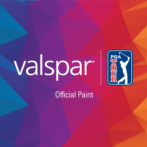 Logotipo de Valspar junto al logotipo de PGA tour contra un fondo angular multicolor.