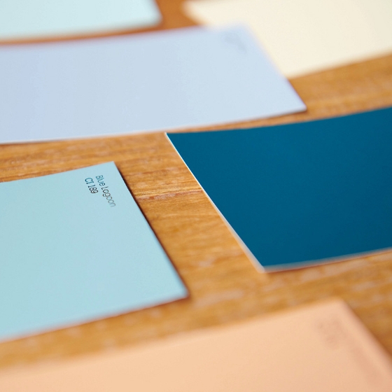 Muestras de color neutral y azul en una superficie de madera.