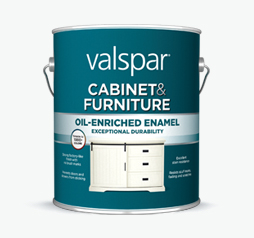 Lata de Valspar Cabinet & Furniture Paint + Primer; lata azul turquesa con imagen de tocador blanco cremoso en el centro.