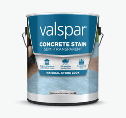 Lata de Valspar Semi-Transparent Concrete Stain; etiqueta azul con imagen inferior de superficie de concreto.