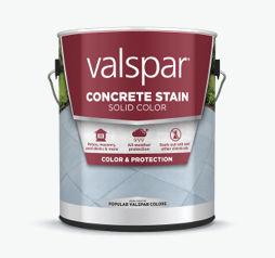 Lata de Valspar Solid Color Concrete Stain; etiqueta color vino con imagen inferior de superficie de concreto.