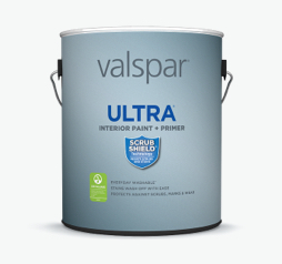 Lata de Valspar Ultra® Interior Paint + Primer; etiqueta color azul claro con logotipo ScuffShield Technology.