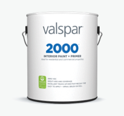 Lata de Valspar 2000 Interior Paint + Primer; lata blanca white can with blue lettering and GREENGUARD logo.