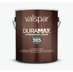 Lata de Valspar Duramax Exterior Paint + Primer: etiqueta marrón con logotipo FlexShield® 365 Technology.