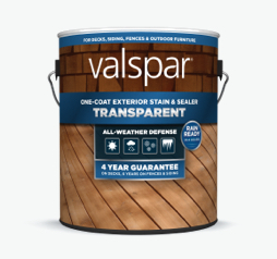 Lata de Valspar One-Coat Transparent Exterior Sealer; franja azul oscuro en etiqueta con imágenes de ladrillo y terraza.  