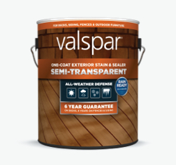 Lata de Valspar One-Coat Transparent Exterior Sealer; franja naranja en etiqueta con imágenes de ladrillo y terraza.  