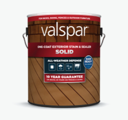 Lata de Valspar One-Coat Solid Exterior Sealer; franja roja en etiqueta con imágenes de ladrillo y terraza.  