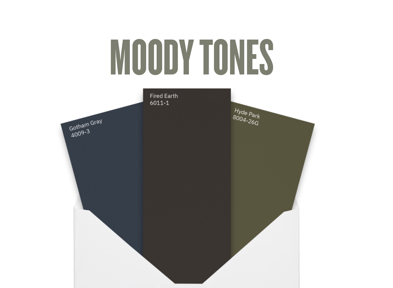 Sobre con tres muestras de pintura dentro: Gotham Gray, Fired Earth y Hyde Park.