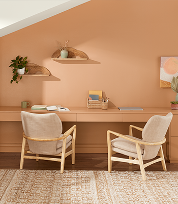 Habitación con un escritorio, dos sillas, plantas, obras de arte en un estante y un librero de tipo bambú.