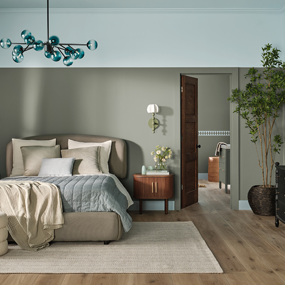 Six-image carousel of living room, child’s room, entryway, backyard and kitchen, all incorporating Renew Blue.