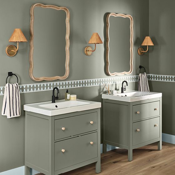 Six-image carousel of living room, child’s room, entryway, backyard and kitchen, all incorporating Renew Blue.