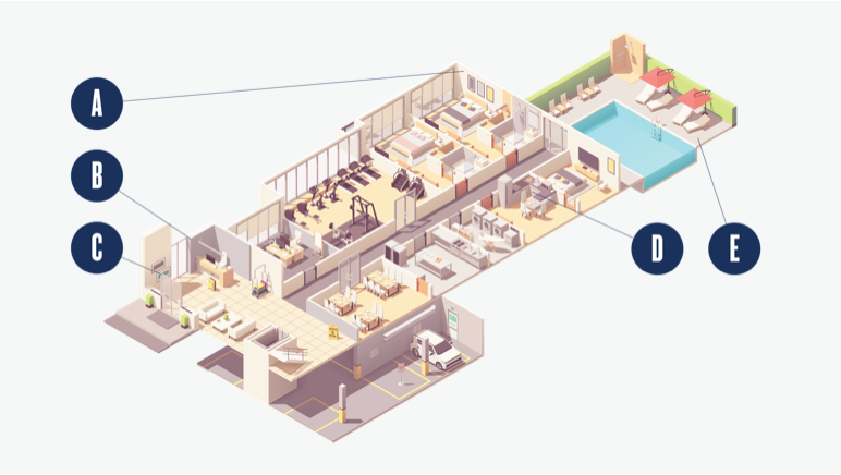 Ilustración de edificio con leyendas para áreas interiores principalmente, incluyendo paredes, techo, moldura y borde de piscinas.